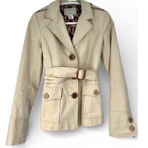 VINTAGE S 4 Jacket Cropped Trench tan belted jacket leopard leather buttons lux